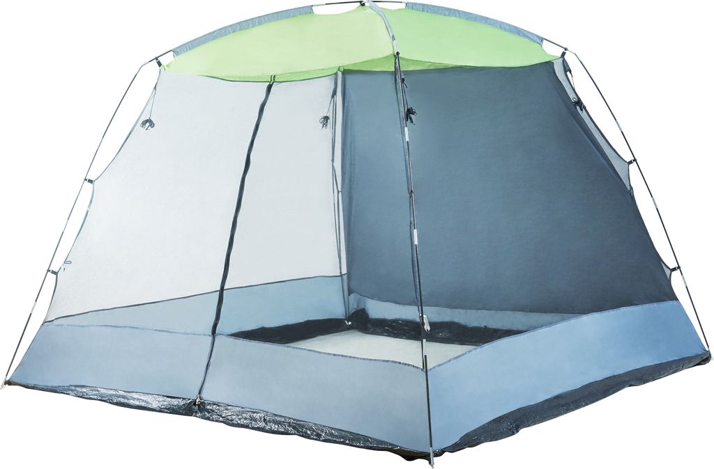 A camping tent with mesh walls and a light green roof, set against a white background.