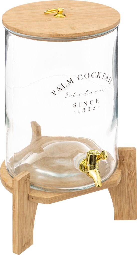 A clear glass beverage dispenser with a bamboo lid and stand, featuring a gold spigot.
