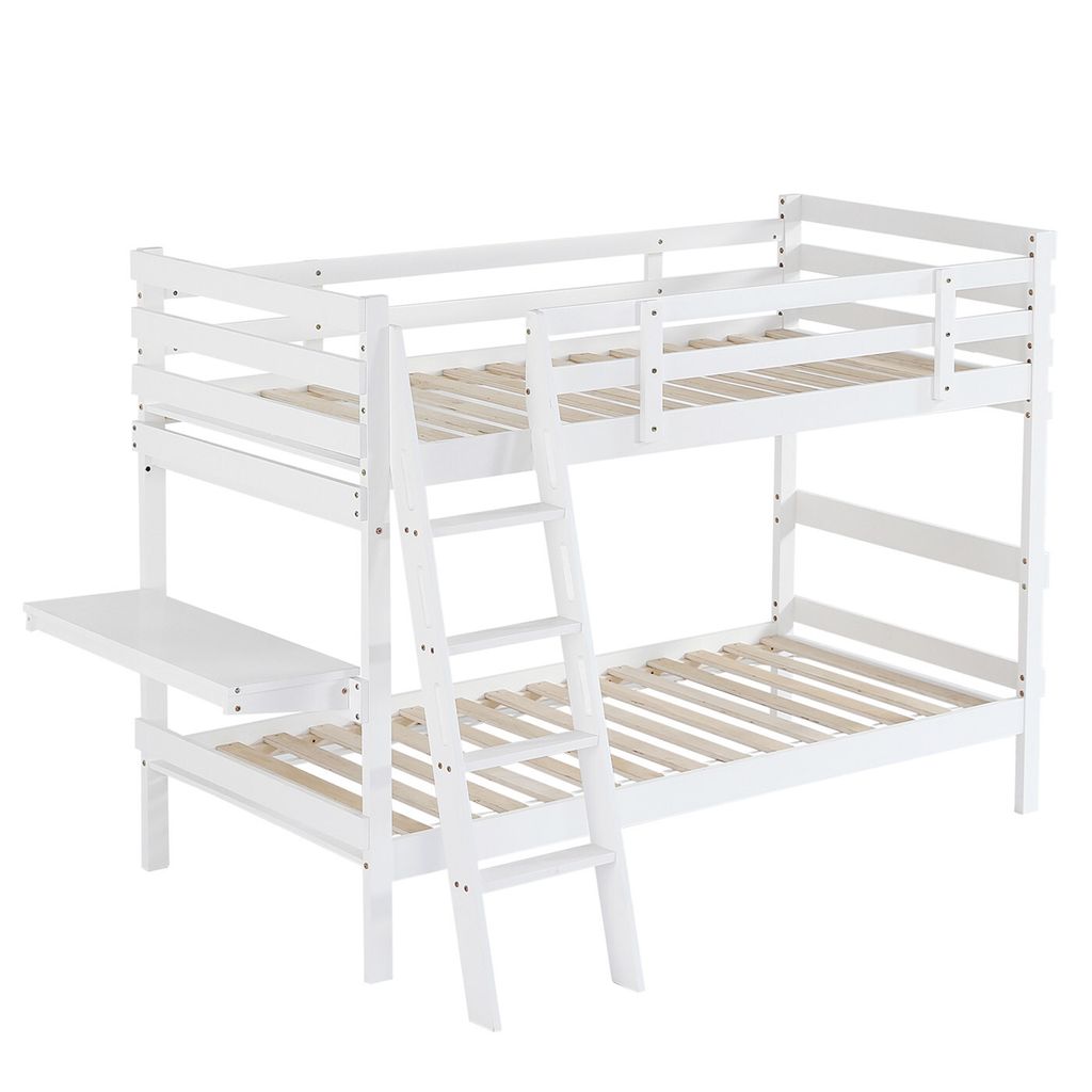 Etagenbett,Kinderbett,Mit vierstufiger Leiter, Stabile Lattenroste,Design des Sicherheitszauns,mit Schreibtisch,Rahmen aus Kiefer,Weiß, 90x200cm