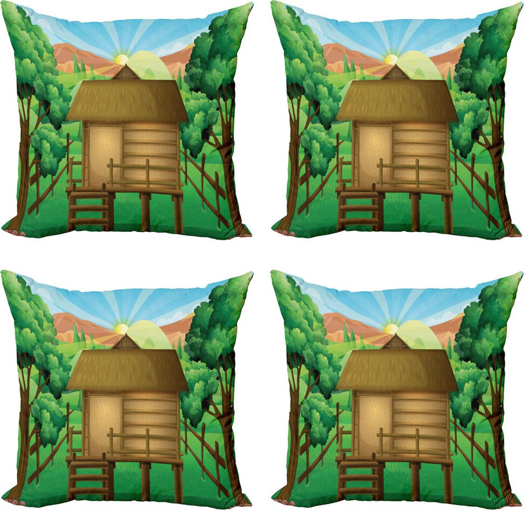ABAKUHAUS Wald Kissenbezug Set (4 Stück), Holzhütte Shelter und Sun, Moderner Doppelseitiger Digitaldruck, 45 cm x 45 cm, Mehrfarbig