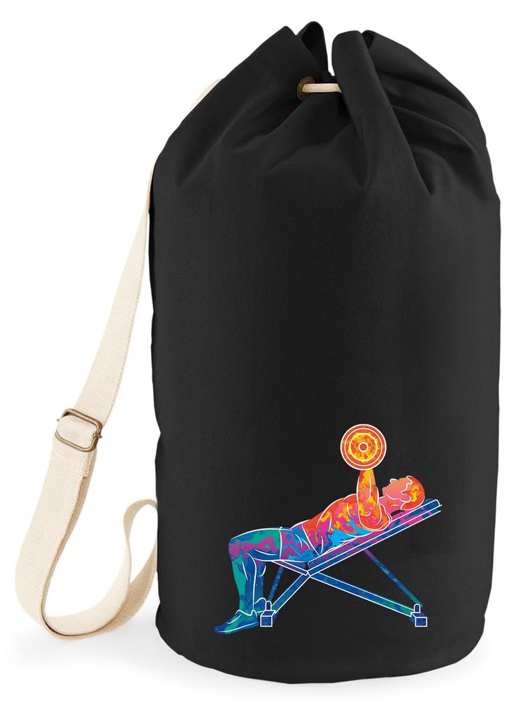 Huuraa Seesack Fitness Training Bench Press bunte Silhouette 20 Liter Black Baumwolle Rucksack Geschenkidee