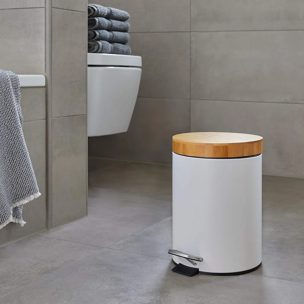 Poubelle de salle de bain 3 litres blanche couvercle bois bambou