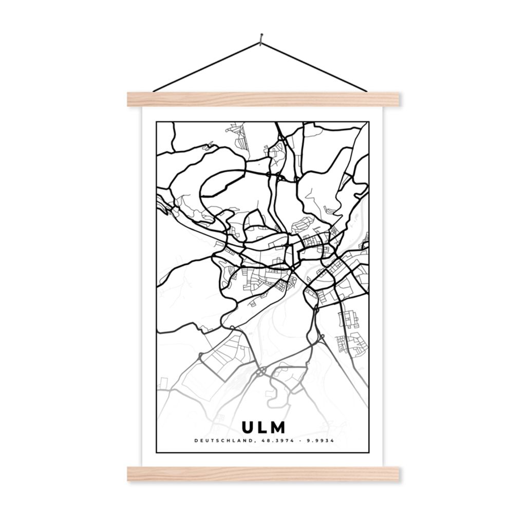 MuchoWow Textilposter Karte - Ulm - Stadtplan 60x90 cm mit holzfarbenen Rahmen - Textil