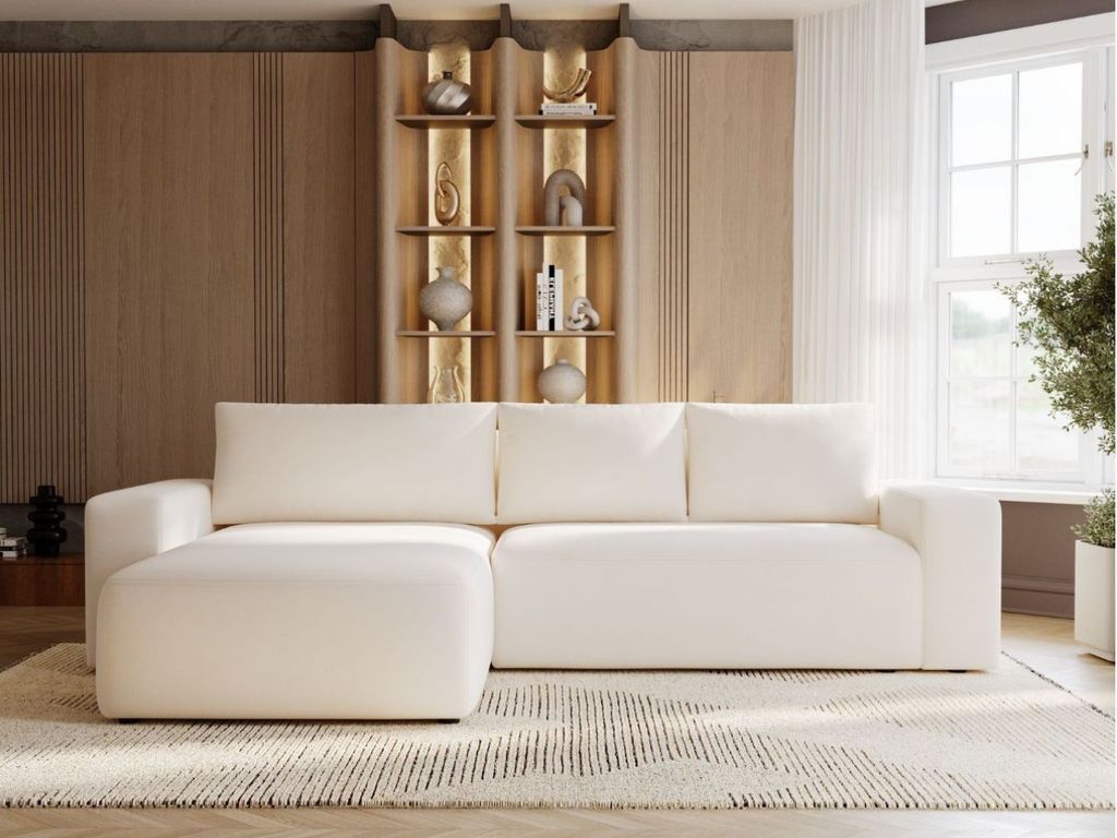GrainGold Ecksofa L-Form Tazones Links - Ecksofa mit Schlaffunktion, Bettkasten - Moderne Ecksofa, Wohnzimmer Sofa - Eckcouch Creme (Komodo 10)
