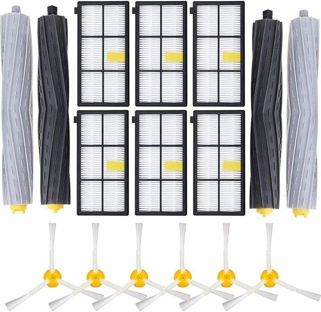 A collection of robot vacuum cleaner replacement parts, including brushes and filters.