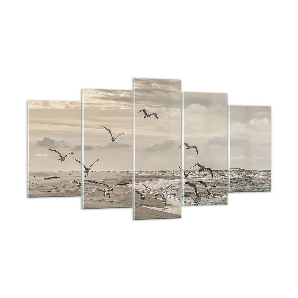 Bilder auf glas - 5 Teile - Möwen Küste Boho - 160x85cm - Glasbilder - Wandbilder - Bilder - zum Aufhängen bereit - Wanddekoration aus Glas - Gl...