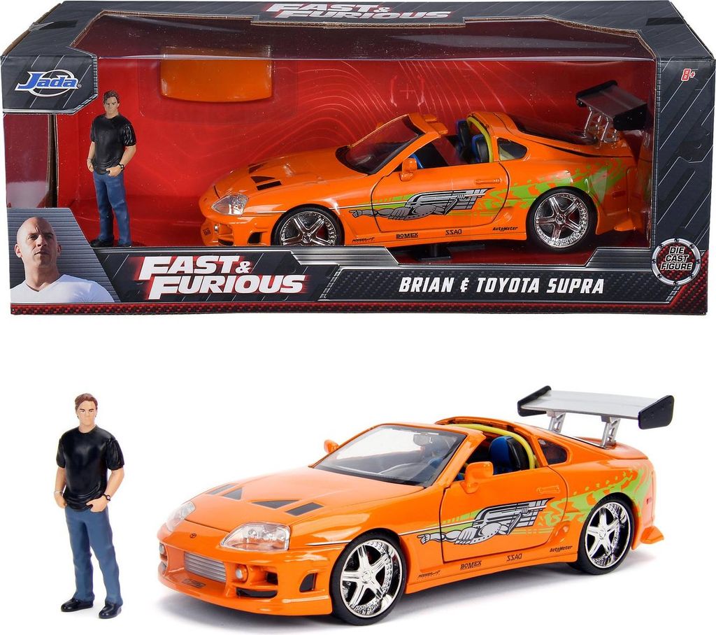 A toy car and figure set from the Fast & Furious franchise, shown in its packaging and also displayed separately.