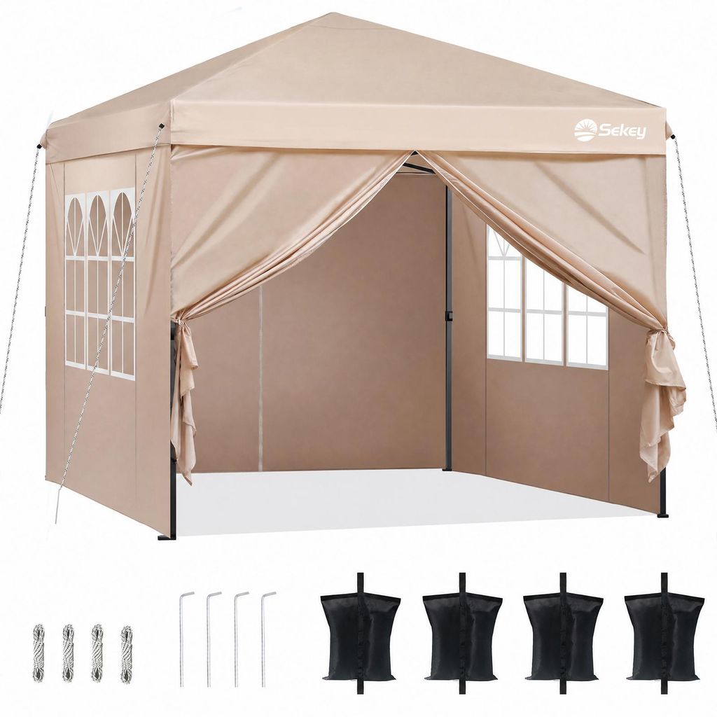 Sekey Faltpavillon 3x3 mit 4 Seitenwänden und mit 4 Sandsäcke, Wasserdicht Pop Up Pavillon für Camping, Festival, Events, Picknicks, Taupe