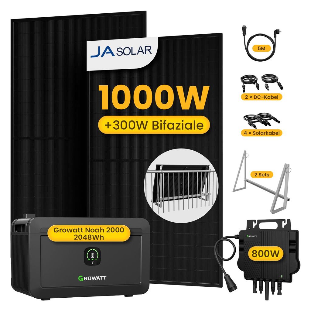 Powerness Balkonkraftwerk mit Speicher, 2x JA Solar 500W Module & Growatt 800W Mikro-Wechselrichter & Growatt NOAH 2000 & 2x Balkon/Garten-Halterung