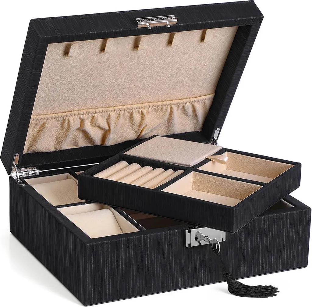 Boîte à bijoux verrouillable noire - Rangement bijoux avec miroir