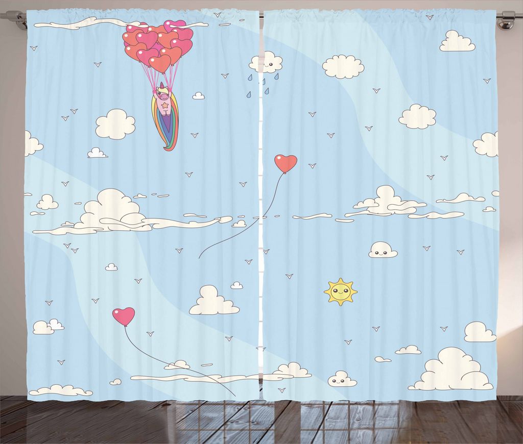 ABAKUHAUS Unicorn-Party Rustikaler Gardine, Ballons im Himmel, Schlafzimmer Kräuselband Vorhang mit Schlaufen und Haken, 280 x 225 cm, Mehrfarbig ...