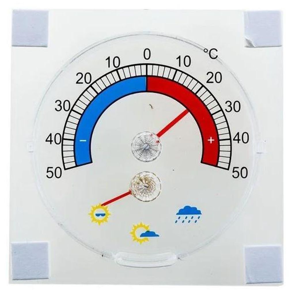 A round thermometer with Celsius markings and weather symbols.
