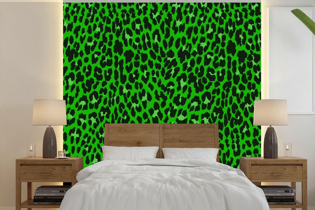 MuchoWow Fototapete für Wohnzimmer oder Schlafzimmer Wandtapete Vinyl Motivtapete Leopard - Grün - Muster - 240x240 cm - Schlafzimmer-Tapete