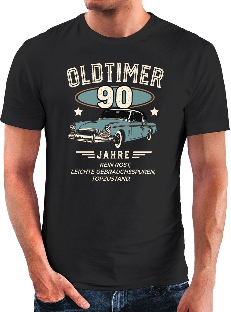 Herren T-Shirt Geburtstag Oldtimer Auto Vintage Style Retro Look Geschenk für Männer MoonWorks 90 Jahre schwarz L