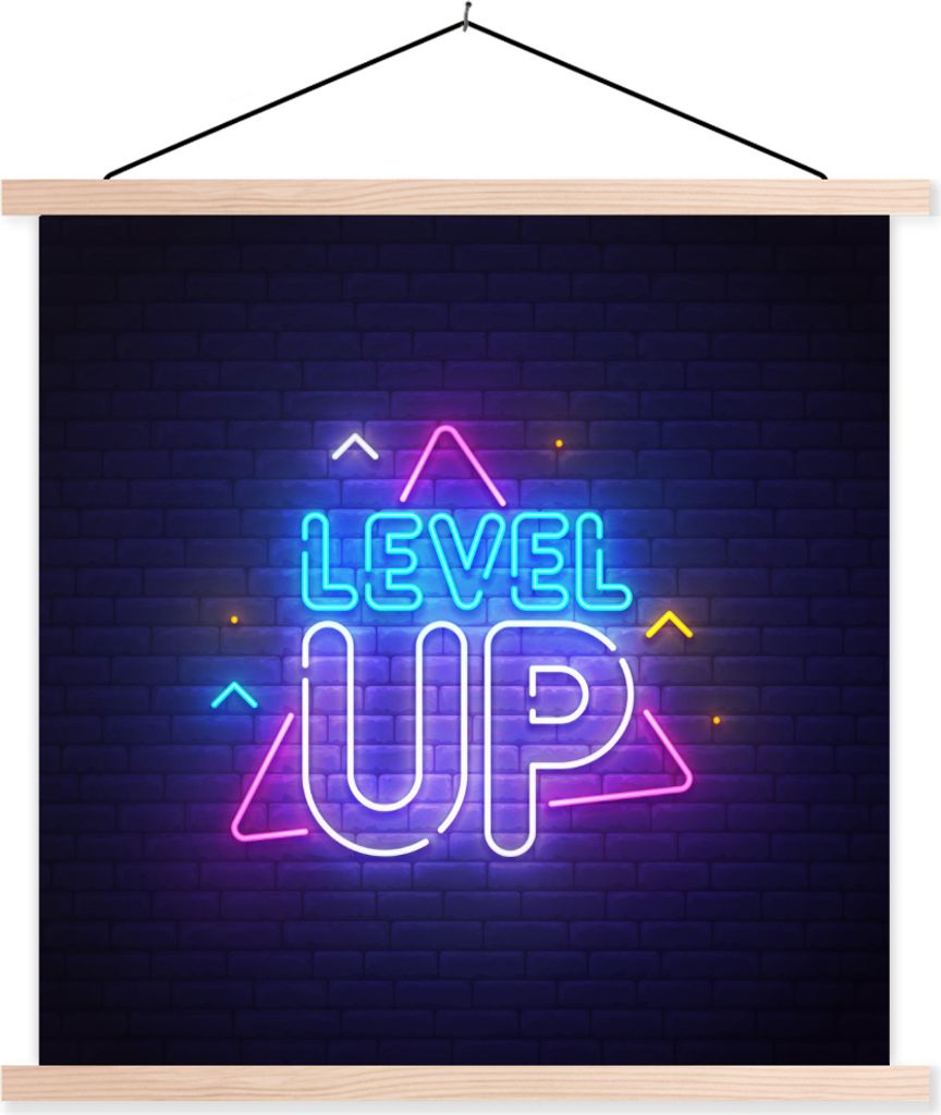 MuchoWow Textilposter Spiele - Neon - Level Up - Zitate - Spiele 40x40 cm mit holzfarbenen Rahmen - Posterleiste