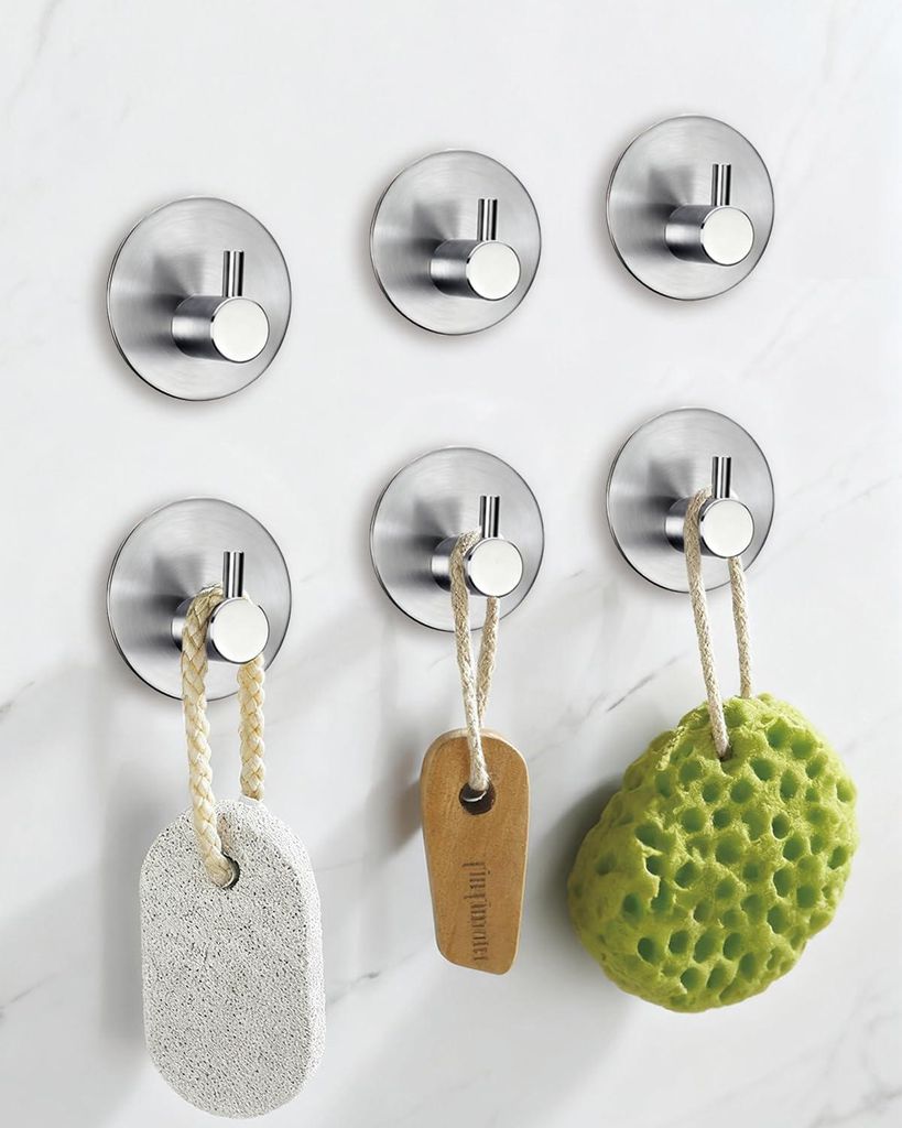 Bohrfreie Handtuchhaken, 6 Handtuchhaken aus Edelstahl, wasserfeste, selbstklebende Haken, multifunktionale Wandhaken für Badezimmer, Toilette, K...