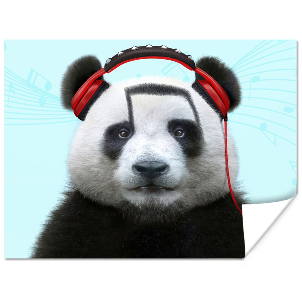 MuchoWow Poster Panda - Kopfhörer - Tier - Musiknoten - Rot 160x120 cm - Foto Plakat