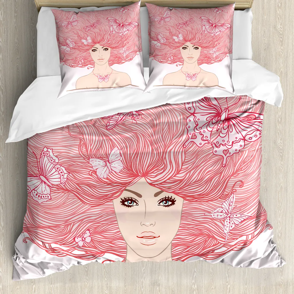 ABAKUHAUS Copripiumino rosa, disegno con farfalle per bambine, antiacaro, adatto a chi soffre di allergie, con federe, 155 cm x 220 cm - 80 x 80 cm, corallo e bianco