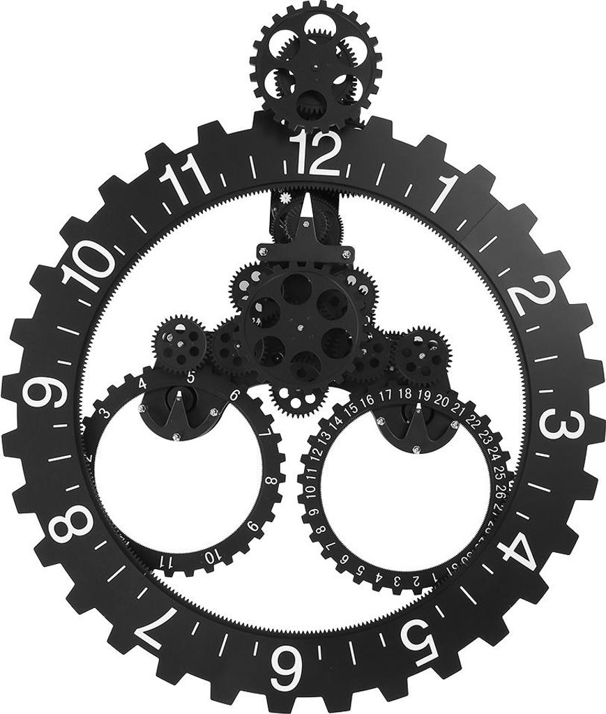 Moderne 3D-Wanduhr mit drehbarem Zahnrad und mechanischem Kalenderrad, schwarz
