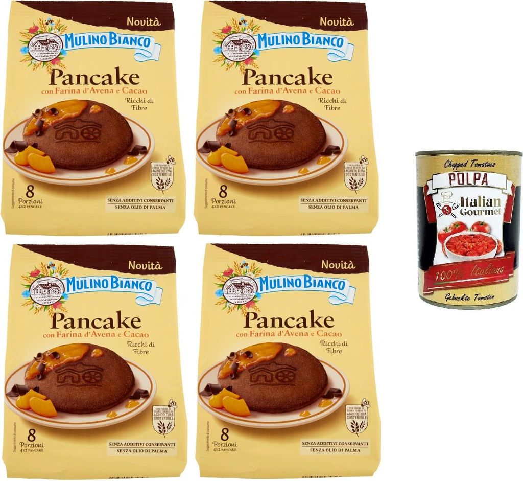 Mulino Bianco Pancake con Farina d'Avena e Cacao Pfannkuchen mit Hafermehl und Kakao Frühstück 8 Portionen 4x256g+ Italian Gourmet polpa 400g