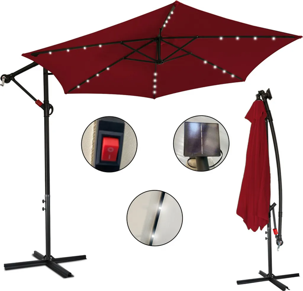 SWANEW Ombrellone Rosso LED Solare Ø350cm Ombrellone semaforo Ombrellone da giardino Ombrellone da mercato Balcone a manovella Alluminio Inclinabile