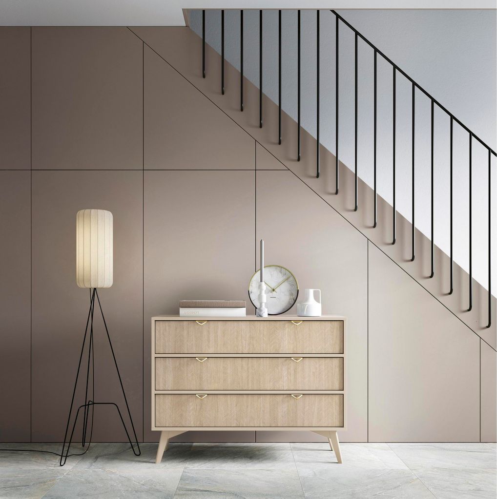 Kleine Kommode Fjord Sideboard mit dekorativen Fronten Schrank im skandinavischen Stil Beige Kommode mit Schubladen, Farbe: Beige, Sandbeige