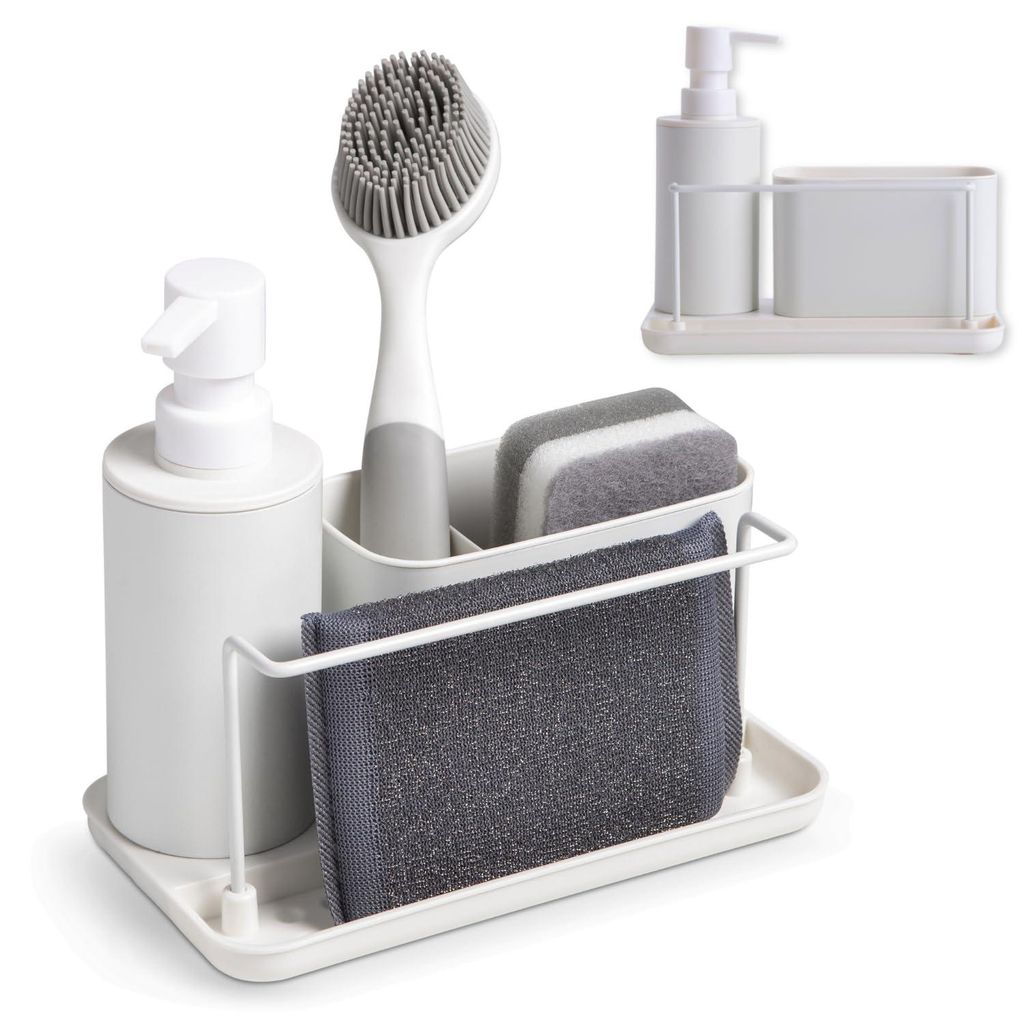 Küchenorganizer- und Seifenspender-Set - Seifenspender mit Schwammhalter und Spülbürstenhalter, ideal für den Bereich neben der Spüle - Weiß ...