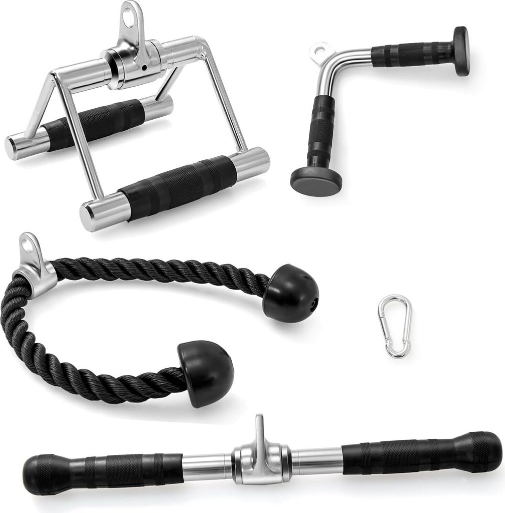 KOMFOTTEU 4 Stück Zubehör für Kabelmaschine, Griffe Fitnessstudio Multifunktionsset mit Trizepsseil, Pulley Dreieck für Fitnessstudio, V-Griff