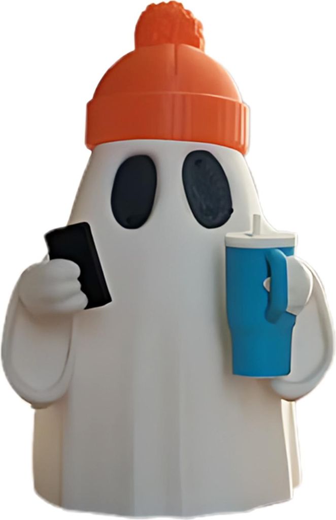 Halloween-Geisterfigur, niedlicher Geist mit Telefon und Tasse, Statue, kleines Geister-Tischornament für Halloween, Heimdekoration