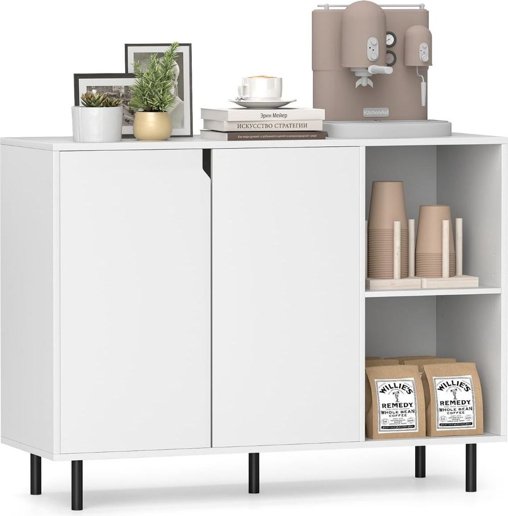 White Wooden Sideboard with Adjustable Shelves and Doors