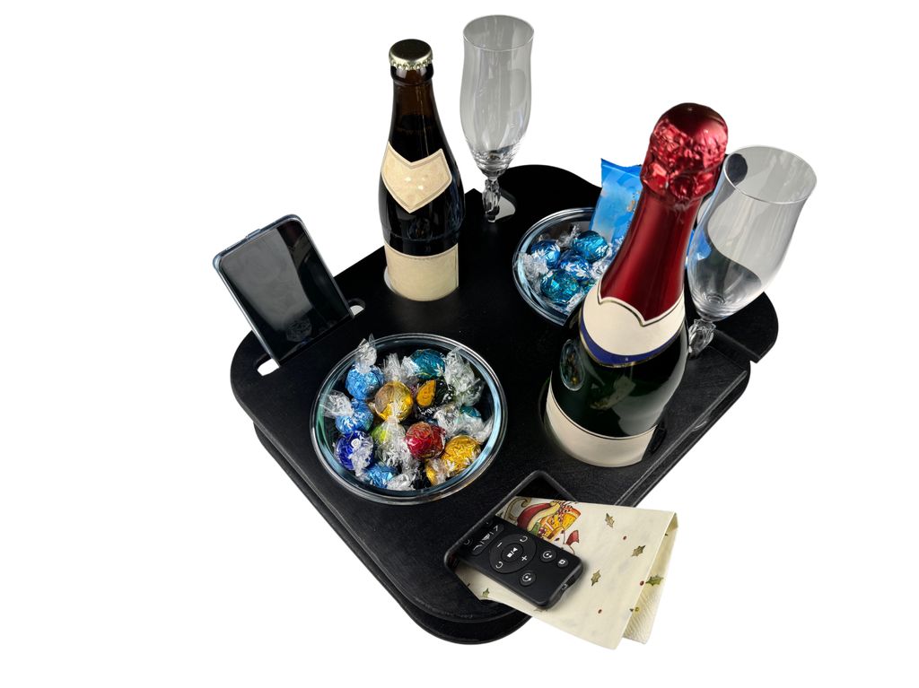 Couchbar - Snackbar - Sofa-Bar - Couchbutler - Snackbox - gemütlicher Sofaabend - Männergeschenk - Hochzeit - Größe L Schwarz + Schutzlack