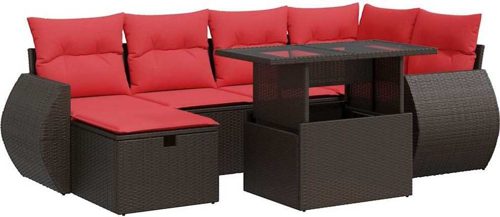 7-tlg. Garten-Sofagarnitur mit Kissen Braun Poly Rattan