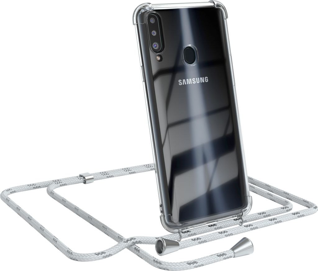 EAZY CASE Handykette kompatibel mit Samsung Galaxy A20s, Handyhülle mit Umhängeband, Handykordel, Schutzhülle Clear, Band in Weiß