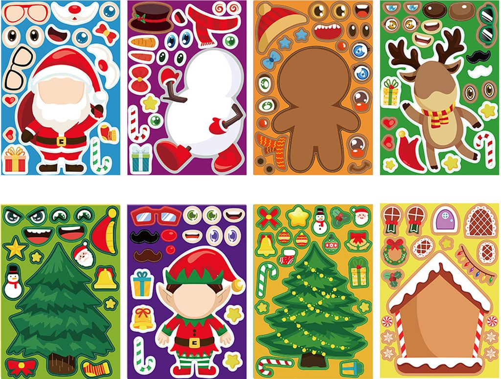 8 Stück/Set Weihnachts-DIY-Puzzle-Aufkleber-Spielzeug, süße Weihnachtsmann-Weihnachtsbaum-Socken, Cartoon-Aufkleber, Kinder-Make-A-Grey-Aufklebe...