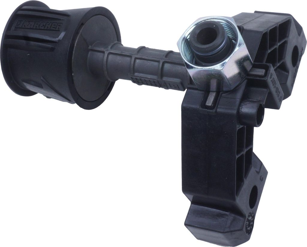 A black plastic accessory with a silver nut, isolated on a white background.