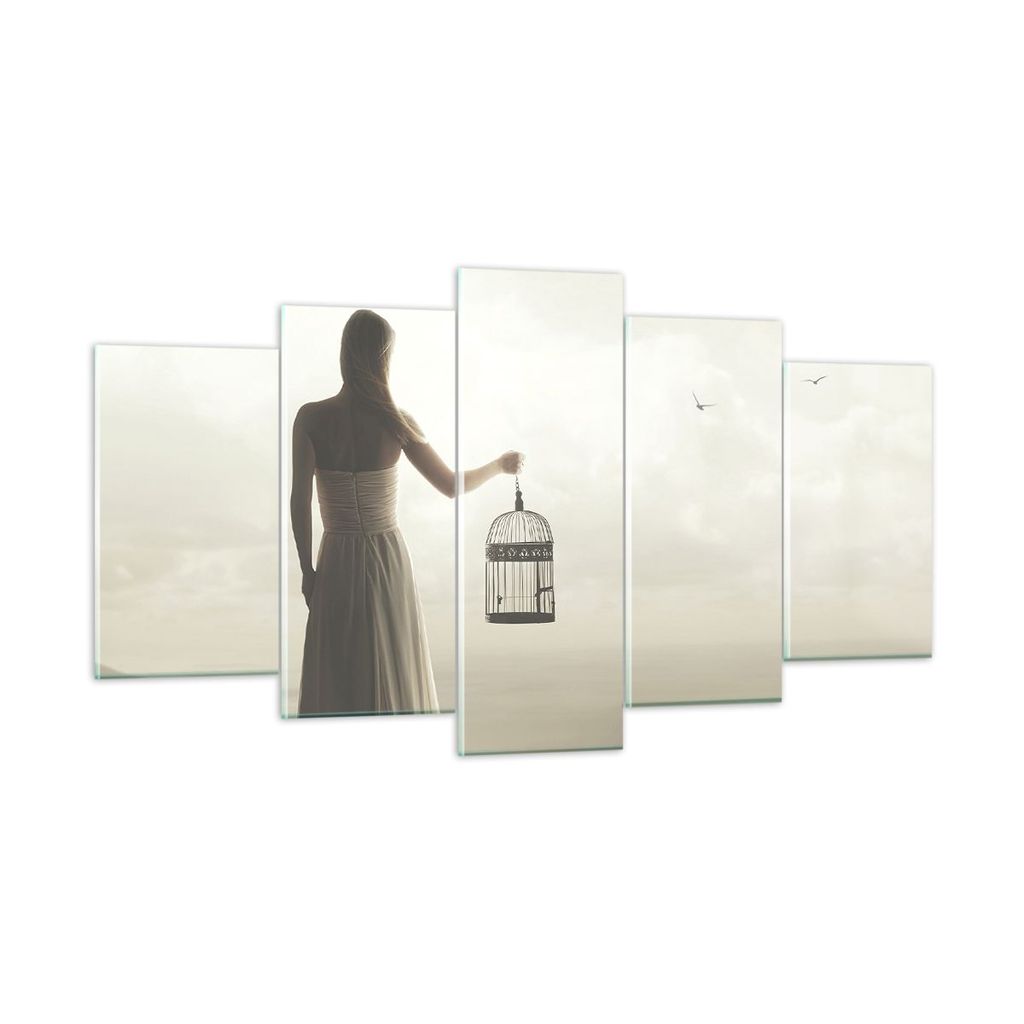 Bilder auf glas - 5 Teile - Frau Käfig Vogel - 160x85cm - Glasbilder - Wandbilder - Bilder - zum Aufhängen bereit - Wanddekoration aus Glas - Gla...