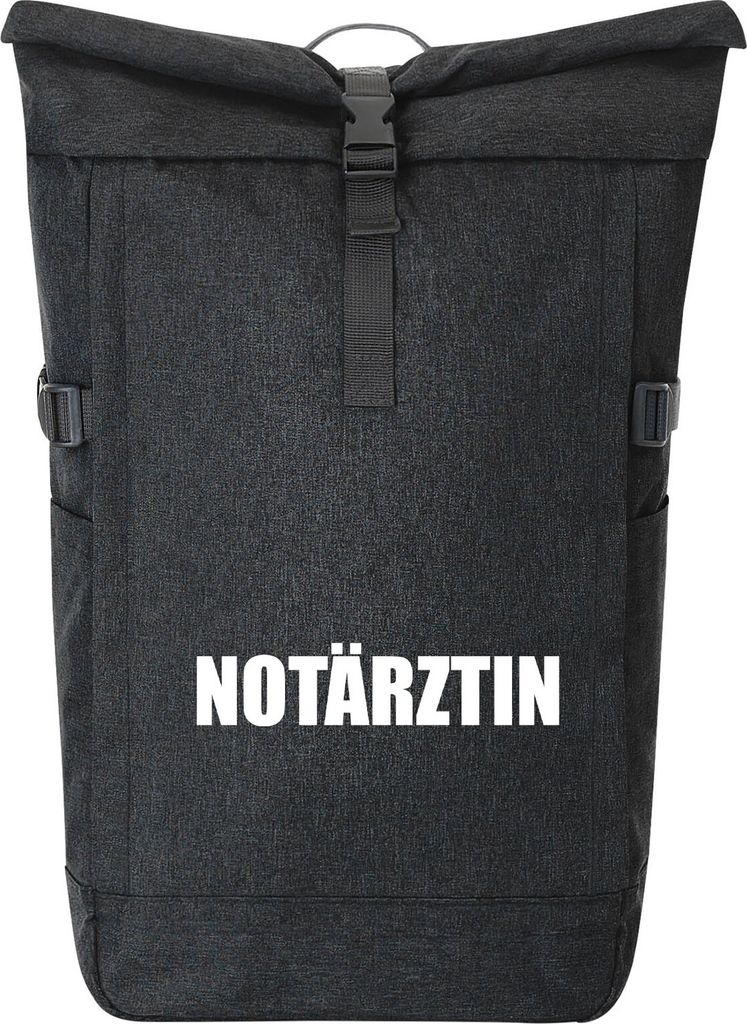 Huuraa Kurierrucksack Notärztin Schriftzug 30-44 Liter Black Melange Fairtrade Rolltop Rucksack Geschenkidee