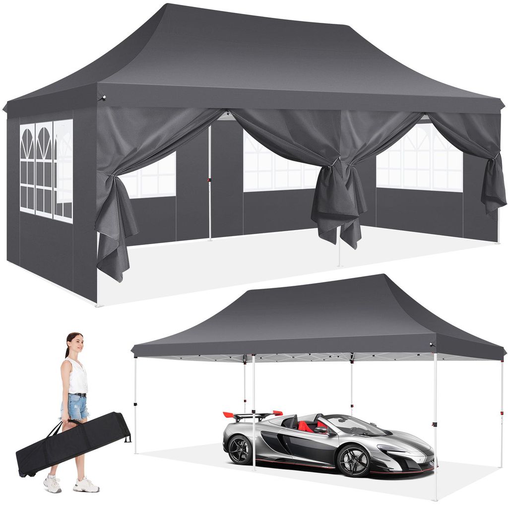 Pavillon 3x6m, Festzelt Faltpavillon Gartenzelt Wasserdicht, UV-Schutz, mit 6 Seitenteilen und 2 Eingängen, für Garten Terrasse Feier Party, Grau