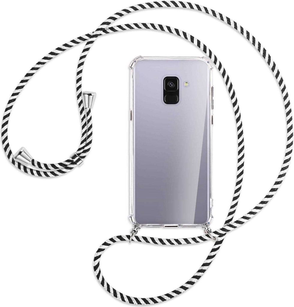 Handykette Backcover-Schutzhülle mit Band (Metall silberfarben) für Samsung Galaxy A8 Plus 2018 - schwarz/weiß gestreift