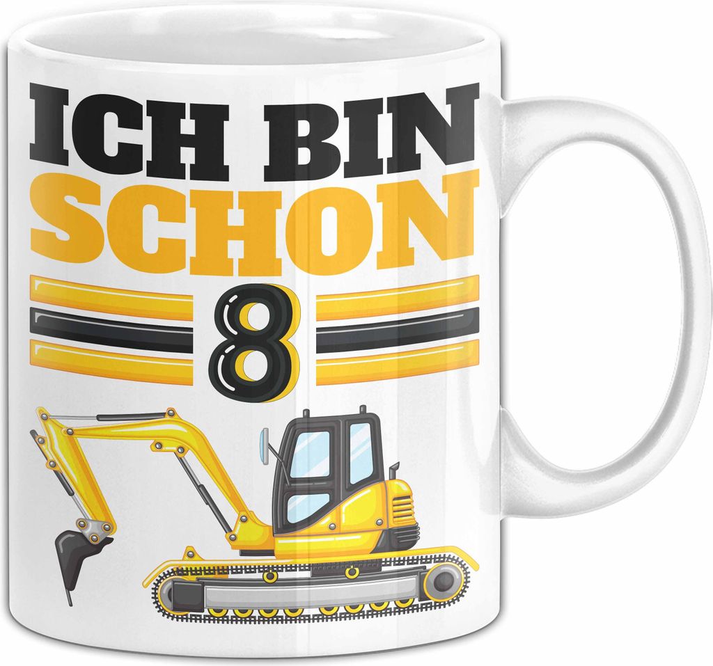 8. Geburtstag Geschenk Tasse Becher Jungs Bagger Ich Bin Schon 8 (Weiß)