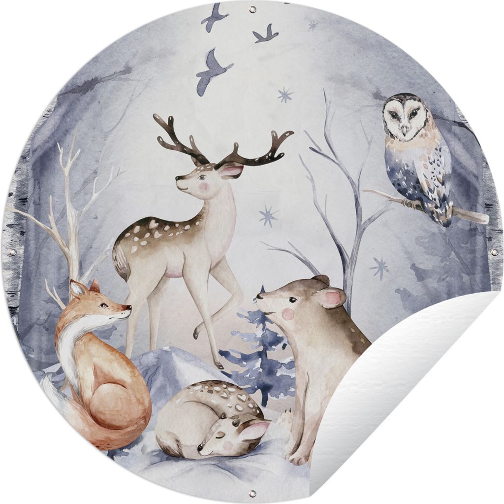 MuchoWow Gartenposter Outdoor-Poster Rund Wald - Winter - Weihnachten Ø 90 cm Gartendeko Rundes Poster draußen