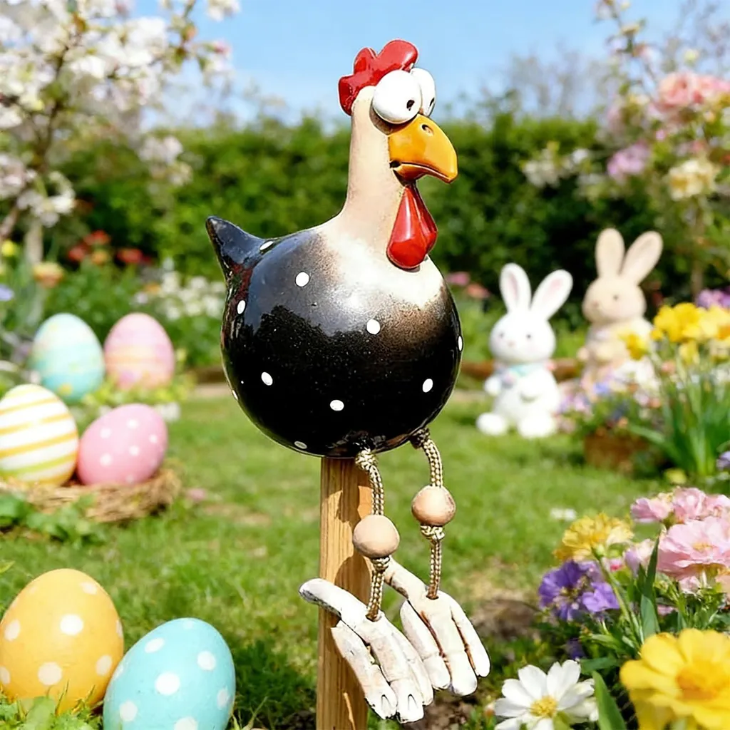 Figurine de poule noire en résine robuste pour décoration de jardin