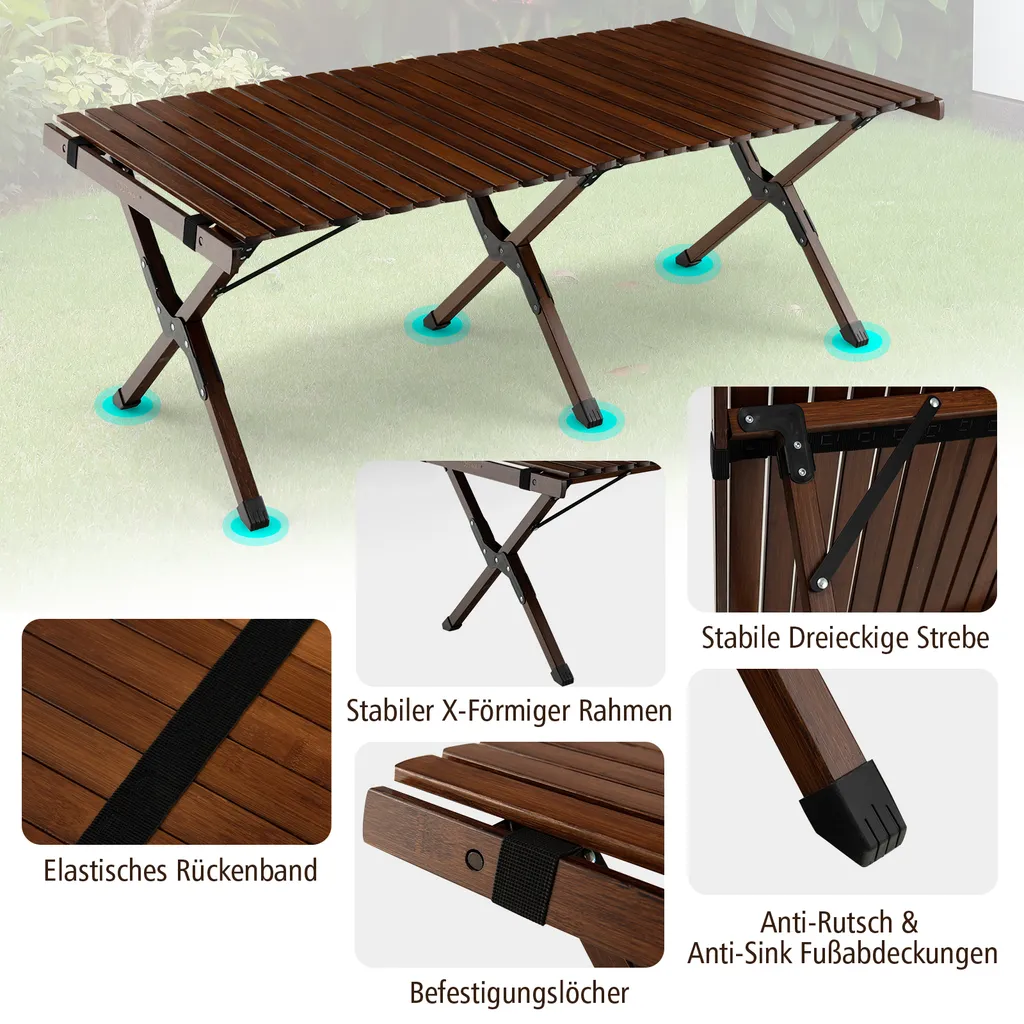 Table de camping en bambou COSTWAY table pliante enroulable café - 5