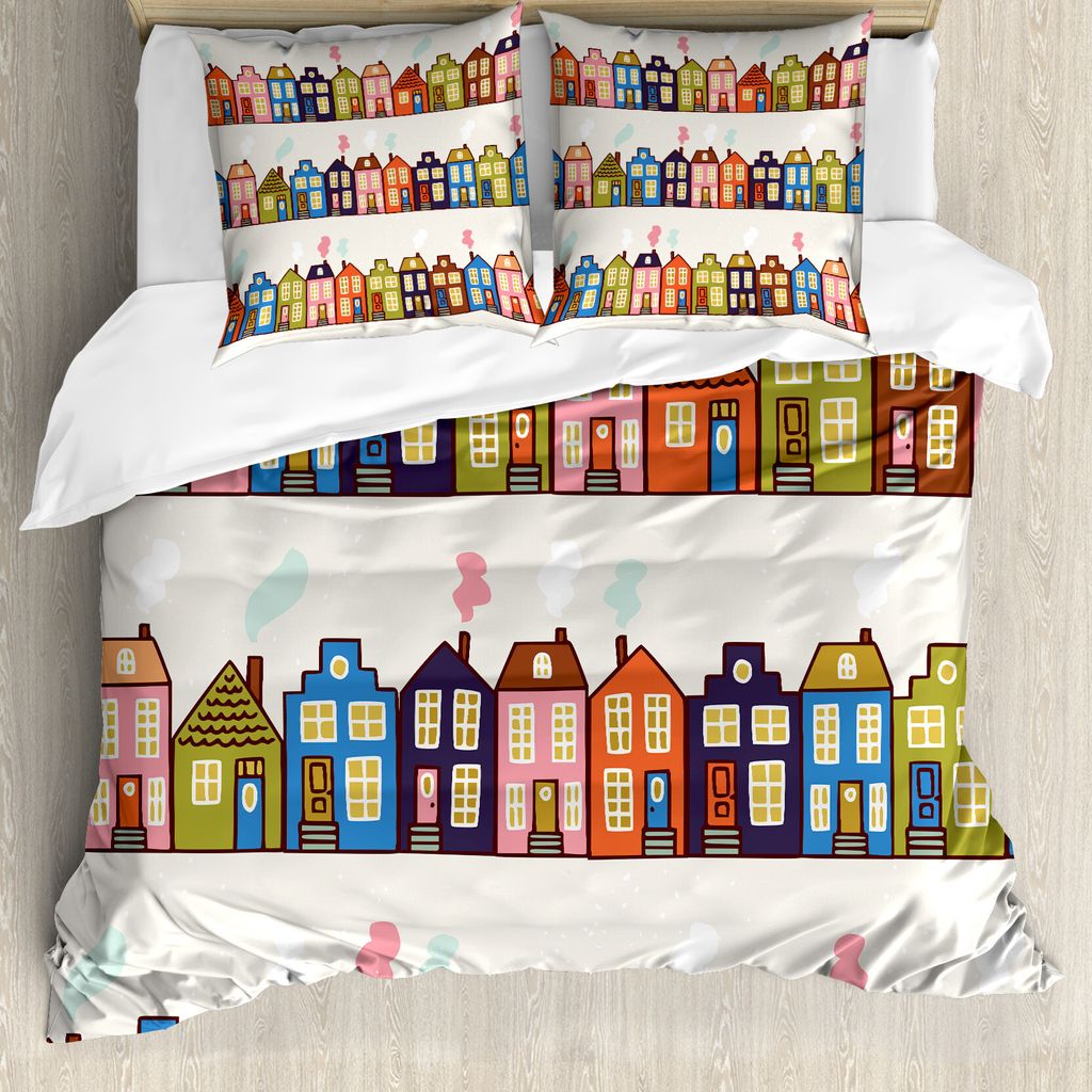 ABAKUHAUS Amsterdam Bettbezug Set für Einzelbetten, Funky Häuser auf Straßen, Milbensicher Allergiker geeignet mit Kissenbezug, 155 cm x 220 cm ...