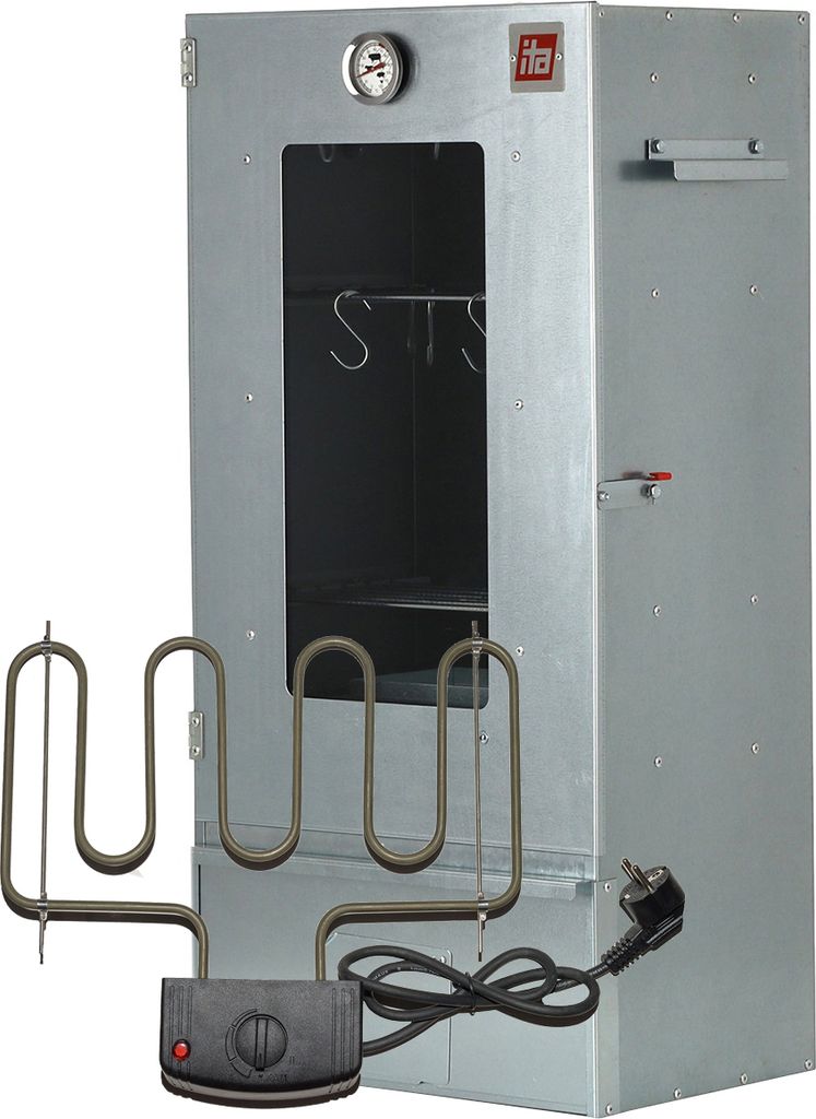 An electric smoker with its heating element and control box in front of it.