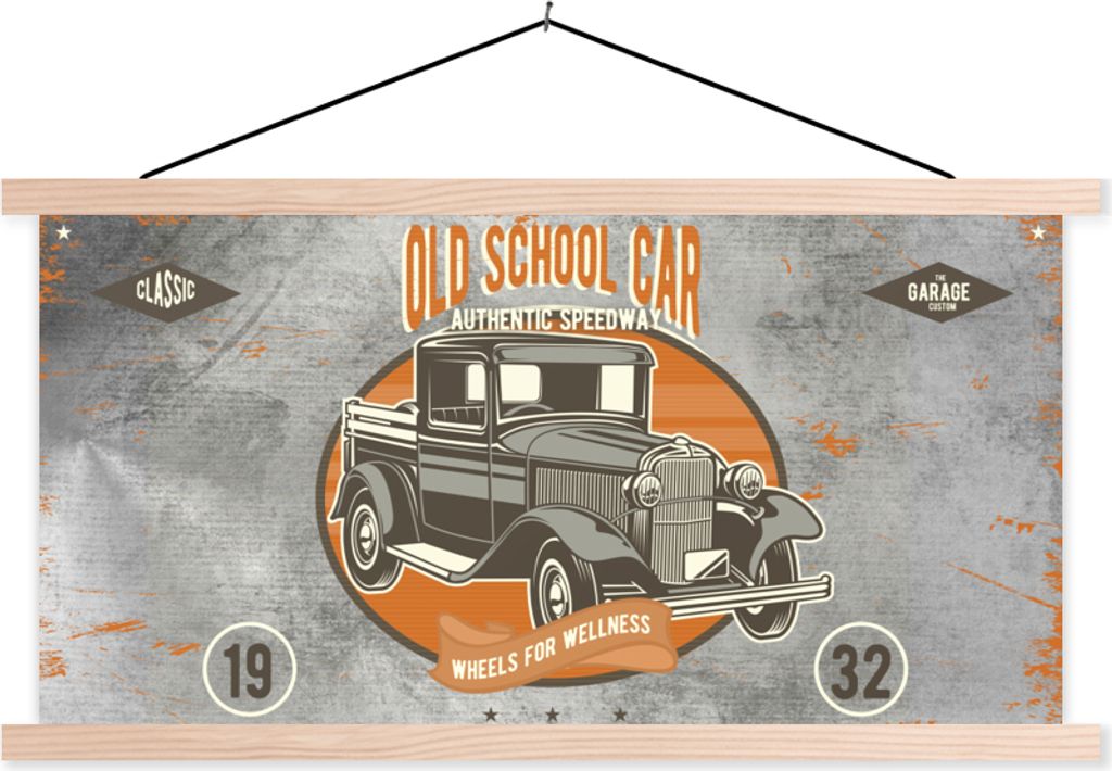 MuchoWow Textilposter Mancave - Auto - Vintage - Poster 60x30 cm mit holzfarbenen Rahmen - Dekoration