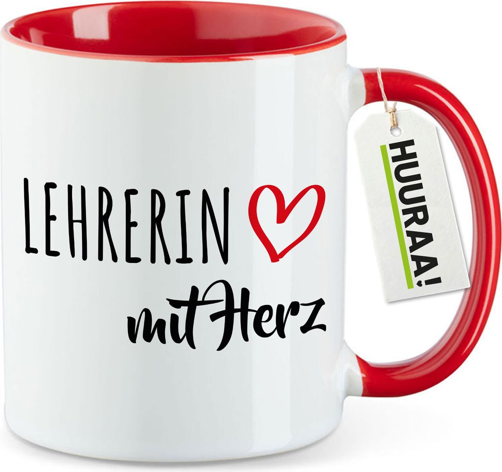 Huuraa Teetasse Lehrerin mit Herz Geschenk 330ml Rot Lehrerin Präsent