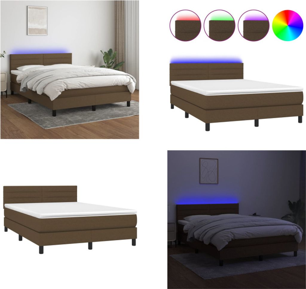 vidaXL Boxspringbett mit Matratze & LED Dunkelbraun 140x200 cm Stoff - Boxspringbett - Boxspringbetten - Bett - Schlafzimmermöbel