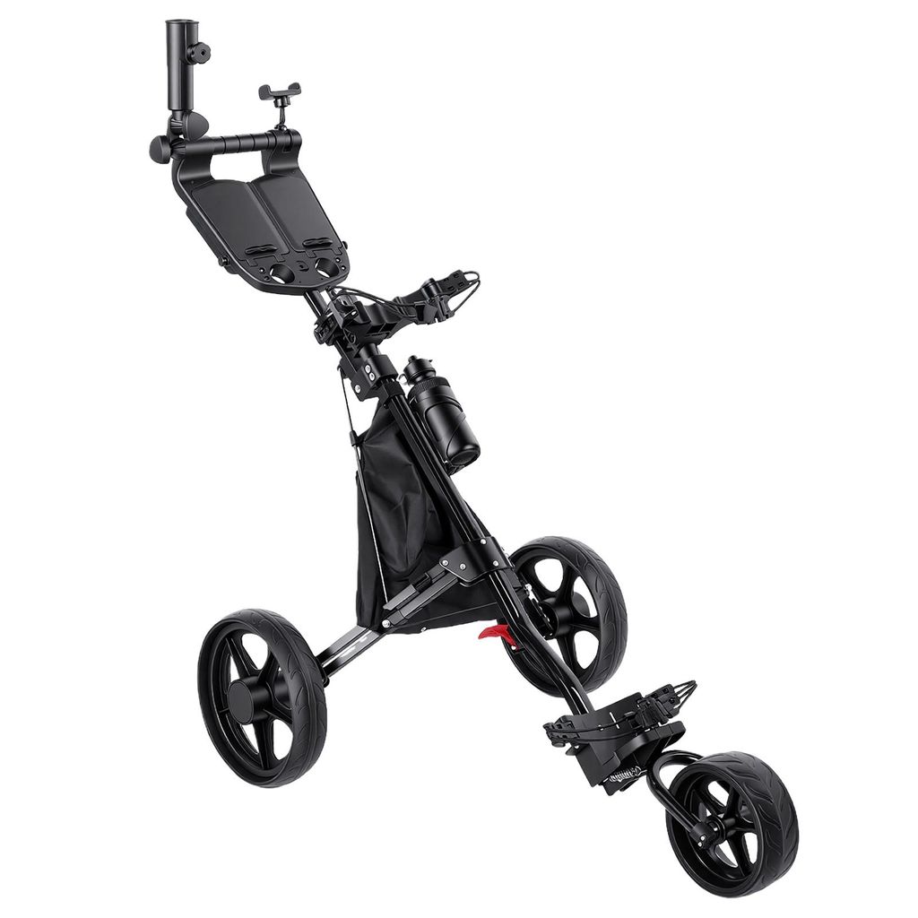 Dreirädriger Golf-Trolley, faltbar, leicht, aus Aluminium, mit Fußbremse und Schirm-/Getränkehalter