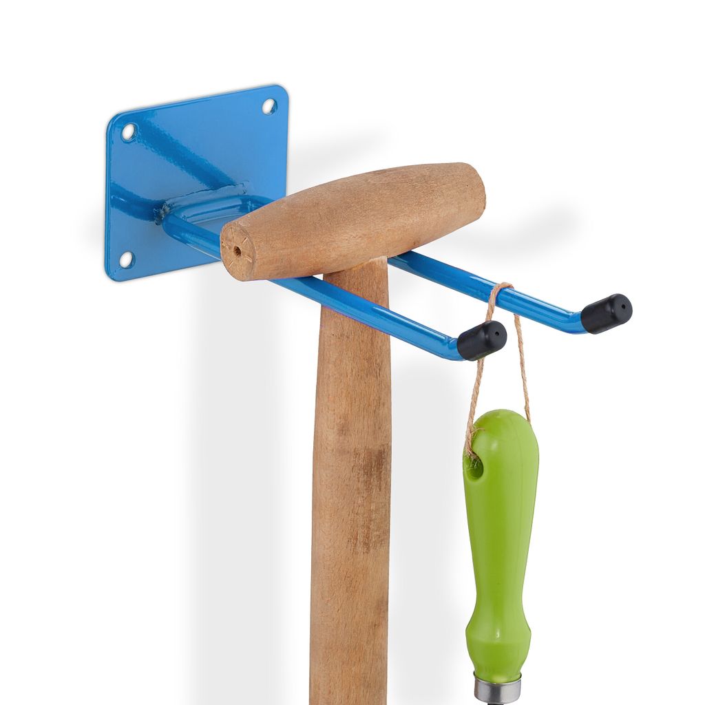 4 x Gerätehalter Wand, Länge 24 cm, Doppelhaken, Wandhaken Garage, Werkstatt & Keller, Besenhalter Stahl, Haken, blau